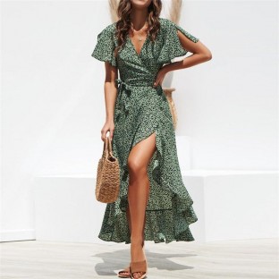 Boho Summer Maxi Dress Women Beach Green Floral Print Long Dress Ruffles Wrap Casual V-Neck Split  Dresses Robe